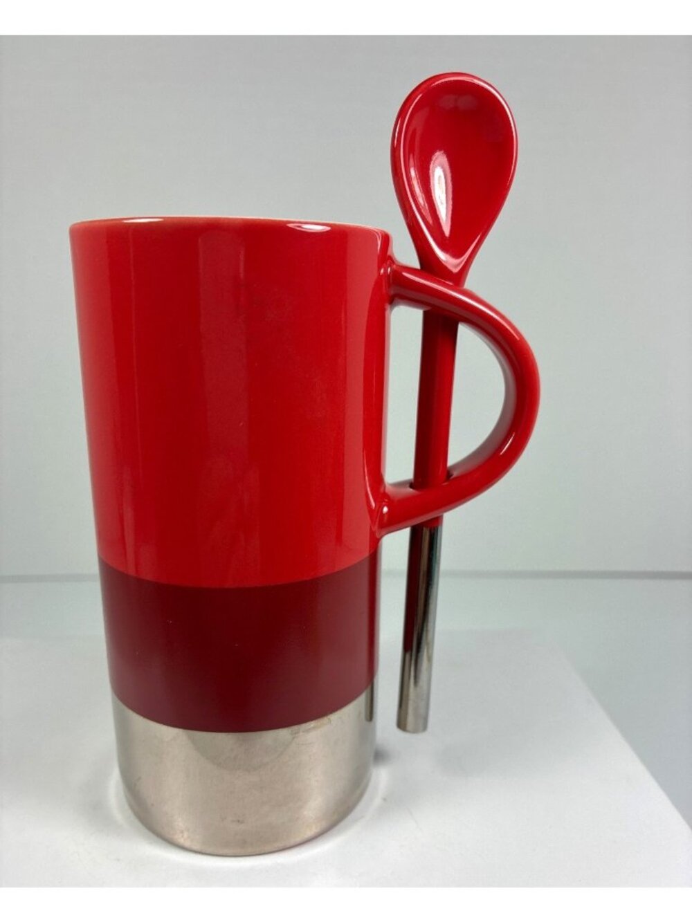 Starbucks 2014 Red 8 oz Coffee Mug with Matching Spoon Silver Base